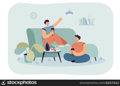 Happy couple enjoying romantic evening at home. Flat vector illustration. Man and woman sitting on couch and floor, drinking ch&agne, eating fruits together. Date, love, comfort, dinner concept