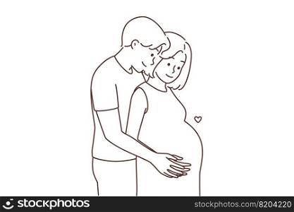 Happy couple excited with pregnancy waiting for baby. Smiling man hugging pregnant woman. Parenthood concept. Vector illustration. . Happy couple excited with pregnancy 