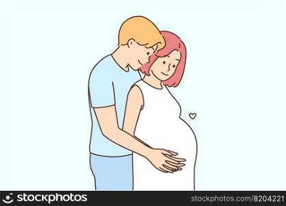 Happy couple excited with pregnancy waiting for baby. Smiling man hugging pregnant woman. Parenthood concept. Vector illustration.. Happy couple excited with pregnancy