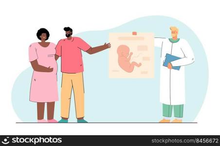 Happy couple expecting baby. Flat vector illustration. Gynecologist holding poster of human fetus, advising future parents. Pregnancy, parenthood, medicine, consultation concept for banner design
