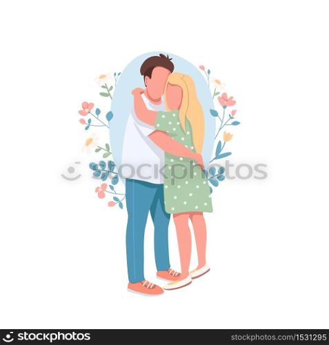 Happy couple flat concept vector illustration. Romantic relationship. Boyfriend embrace girlfriend. Family 2D cartoon characters for web design. Heterosexual couple cuddling creative idea. Happy couple flat concept vector illustration