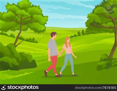 Happy couple guy and girl walking at nature. In love young people spend leisure time together outdoors. Young man and woman holding hands and walk at green meadow. Cartoon vector illustration. Happy in love couple walking outdoors at green hills nature background, spend leisure time together