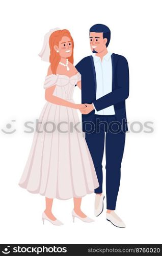 Happy couple holding each other hands semi flat color vector characters. Editable figures. Full body people on white. Simple cartoon style illustration for web graphic design and animation. Happy couple holding each other hands semi flat color vector characters