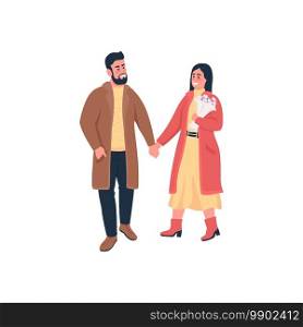 Happy couple holding hands on winter walk flat color vector detailed characters. Romantic relationship. Valentines day celebration isolated cartoon illustration for web graphic design and animation. Happy couple holding hands on winter walk flat color vector detailed characters
