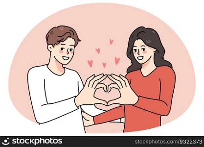 Happy couple hug show heart sign with hands. Smiling man and woman demonstrate love hand gesture enjoy romantic relationships. Romance and affection. Vector illustration.. Happy couple show heart hand gesture