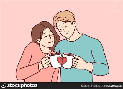 Happy couple hugging drinking coffee from lovers mugs. Smiling man and woman embrace enjoy morning tea from cute cups. Vector illustration.. Happy couple hug drink coffee from cute cups