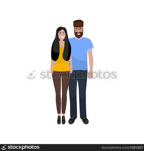 Happy couple hugs. Cartoon man and woman isolated on white background. Happy couple hugs. Cartoon man and woman isolated on white