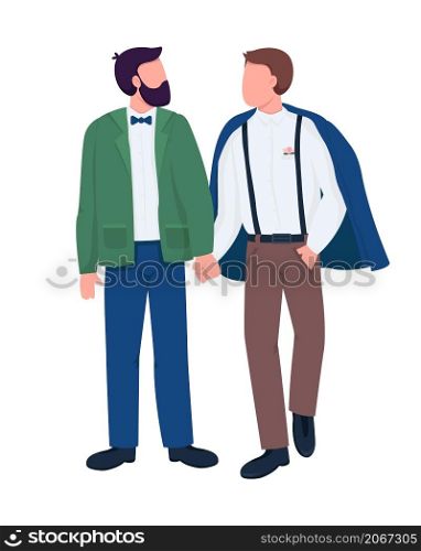 Happy couple in formal wear semi flat color vector characters. Dynamic figures. Full body people on white. Wedding isolated modern cartoon style illustration for graphic design and animation. Happy couple in formal wear semi flat color vector characters