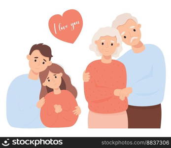 Happy couple in love. Cute pair young people and enamored old, aged man and woman elderly. Vector Flat cartoon style illustration. Holiday concept I love you, happy people, love and longevity