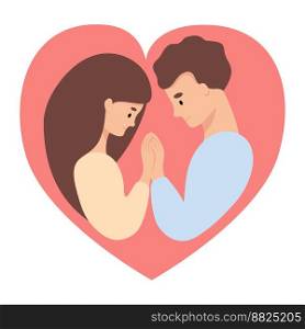 Happy couple in love in heart. Cute girl and guy. Vector illustration in flat style of loving young couple for valentines day, wedding and birthday design