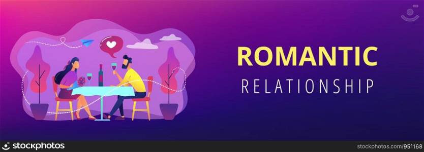 Happy couple in love on romantic date sitting at table and drinking wine, tiny people. Romantic date, romantic relationship, love story concept. Header or footer banner template with copy space.. Romantic date concept banner header.