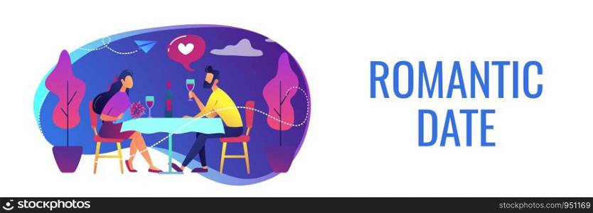 Happy couple in love on romantic date sitting at table and drinking wine, tiny people. Romantic date, romantic relationship, love story concept. Header or footer banner template with copy space.. Romantic date concept banner header.