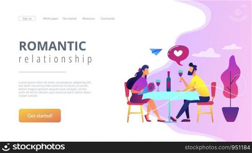 Happy couple in love on romantic date sitting at table and drinking wine, tiny people. Romantic date, romantic relationship, love story concept. Website vibrant violet landing web page template.. Romantic date concept landing page.