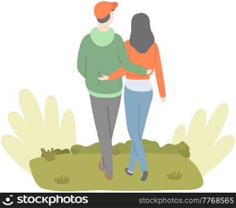 Happy couple in love walking in park. Tall guy spends time with pretty girl outdoors. Outdoor activity vector. People in relationship walk on fresh air. Man and woman walking in embrace on date. Happy couple in love walking in embrace. People in relationship spend time together in park