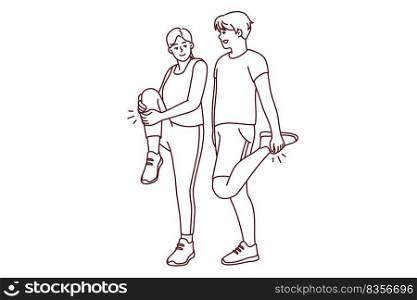 Happy couple in sportswear training together outdoors. Smiling man and woman have fun doing sport or workout. Physical activity. Vector illustration.. Happy couple in sportswear training together