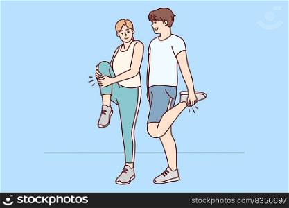 Happy couple in sportswear training together outdoors. Smiling man and woman have fun doing sport or workout. Physical activity. Vector illustration.. Happy couple in sportswear training together