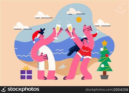Happy couple in swimwear have fun celebrate New Year in warm country. Overjoyed man and woman enjoy Christmas celebration on tropical resort on beach. Vacation concept. Vector illustration. . Happy couple celebrate New Year on tropical resort