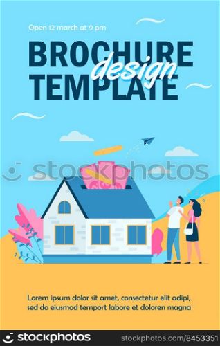 Happy couple investing money in property flat vector illustration. Cartoon characters taking bank credit and buying house. Mortgage loan and ownership concept