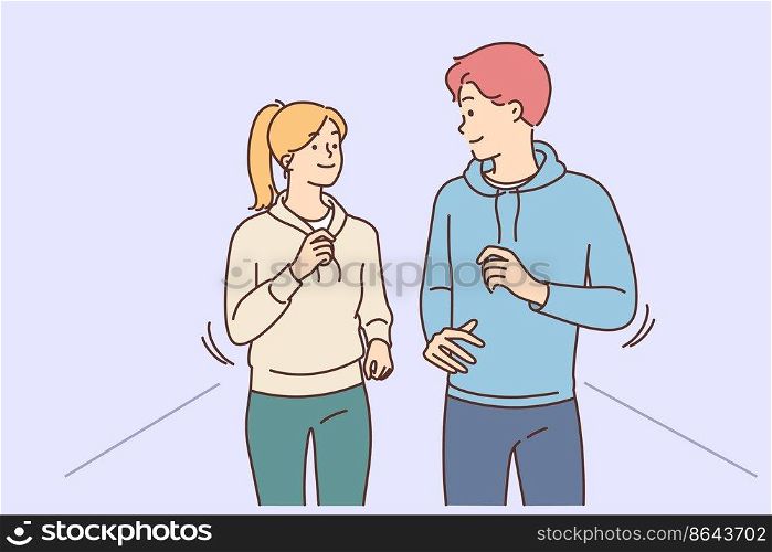 Happy couple jogging outdoors together. Smiling man and woman running follow healthy lifestyle. Sport and exercising. Vector illustration. . Happy couple jogging outdoors