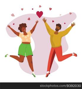 Happy couple jumping with hearts, Valentines Day illustration.