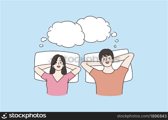 Happy couple lying on bed dreaming together, empty copy space. Smiling dreamy man and woman spouses relax rest have dreams sleep nap in bedroom. Future plan concept. Flat vector illustration. . Happy couple relaxing in bed dreaming together