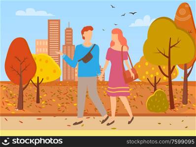 Happy couple man and woman walking together holding hands, autumn time. Vector male and female with bag or sack, people on walk flat style, falling leaves. Happy Couple Man and Woman Walking Together Vector