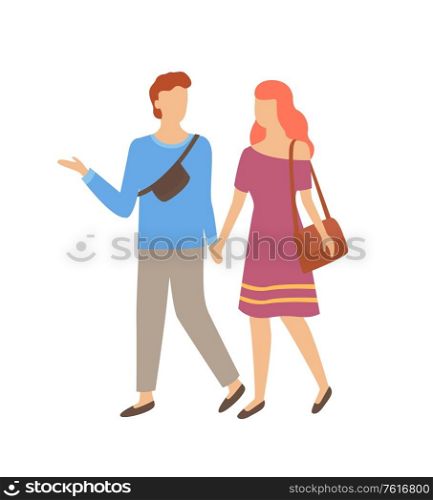 Happy couple man and woman walking together holding hands isolated cartoon characters. Vector male and female with bag or sack, people on walk flat style. Happy Couple Man and Woman Walking Together Vector