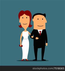 Happy couple of man in black formal suit and redhead woman in white evening dress with red high heels and clutch are standing arm in arm. Romantic date or evening out design usage. Man in suit and woman in evening dress