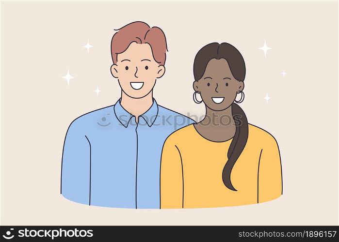 Happy couple of white man and African girl. Vector concept illustration of modern races equality and young family happiness .. Happy couple of white man and African girl.