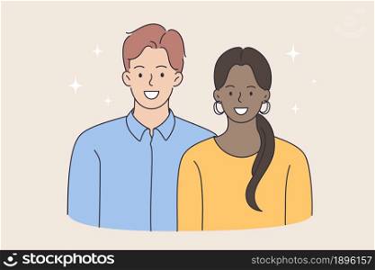 Happy couple of white man and African girl. Vector concept illustration of modern races equality and young family happiness .. Happy couple of white man and African girl.