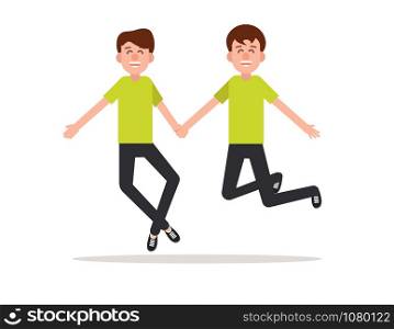 Happy. Couple of young man jumping on a white background. Character flat style.