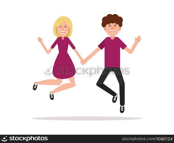 Happy. Couple of young people jumping on a white background. Character flat style.