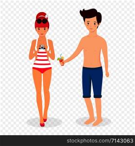 Happy Couple on Beach. Smiling Woman in Striped Swim Suit Holding Photo Camera, Man Drinking Cocktail Isolated on Transparent Background. Honeymoon Vacation. Cartoon Flat vector Illustration, Clip art. Happy Couple on Beach Honeymoon Vacation Clip Art