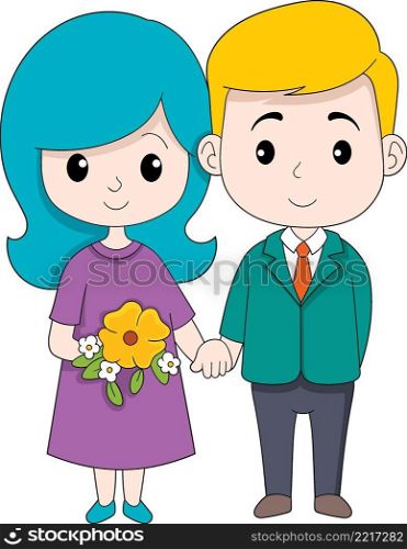 happy couple on fiance inauguration day, wedding celebration party, cartoon flat illustration