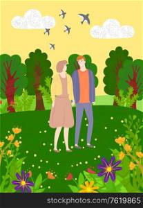 Happy couple on meadow with flowering plants, flying birds in sky and green grass. Vector blooming buds, eco clean nature and forest with trees. Couple on Meadow, Flowering Plants, Flying Birds