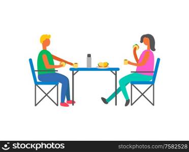 Happy couple on picnic sitting on chairs at table. Man and woman drinking tea with hamburgers, male and female having snack isolated on white, vector people. Happy Couple on Picnic Sitting on Chairs at Table