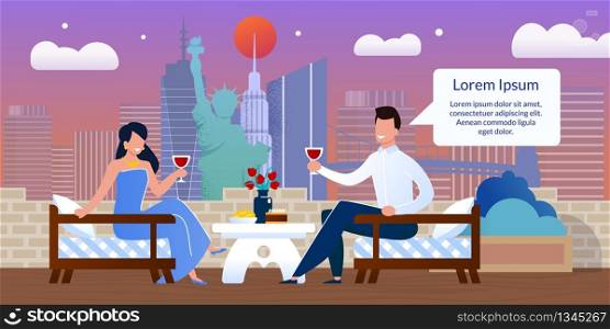 Happy Couple on Romantic Dating at Urban Outdoors Cafe. Smiling Man and Woman Clang Glasses Together. Guy Talking to Lady. Cityscape with Skyscrapers and Landmarks on Scene. Vector Flat Illustration. Happy Couple on Romantic Dating at Outdoors Cafe