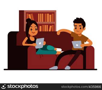 Happy couple on sofa with tablets. Young man and woman relaxing at home. Man and woman together on sofa with digital tablet illustration. Happy couple on sofa with tablets. Young man and woman relaxing at home