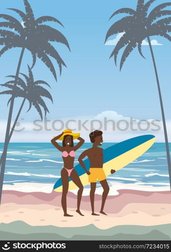 Happy Couple on Summer Vacation Beach. Wife and Husband enjoying Beach Vacation. Happy Couple on Summer Vacation Beach. Wife and Husband with Surfboard enjoying Beach Vacation walking on Sand Sea Palm and exotic tropical seashore floral. Vector Illustration poster baner isolated