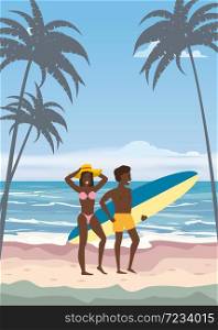 Happy Couple on Summer Vacation Beach. Wife and Husband enjoying Beach Vacation. Happy Couple on Summer Vacation Beach. Wife and Husband with Surfboard enjoying Beach Vacation walking on Sand Sea Palm and exotic tropical seashore floral. Vector Illustration poster baner isolated