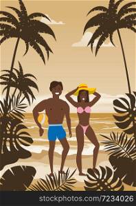 Happy Couple on Summer Vacation Beach. Wife and Husband enjoying Beach Vacation. Happy Couple on Summer Vacation Beach. Wife and Husband with ball enjoying Beach Vacation walking on Sand Sea Palm and exotic tropical seashore floral. Vector Illustration poster baner isolated