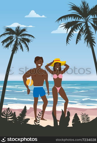 Happy Couple on Summer Vacation Beach. Wife and Husband enjoying Beach Vacation. Happy Couple on Summer Vacation Beach. Wife and Husband with ball enjoying Beach Vacation walking on Sand Sea Palm and exotic tropical seashore floral. Vector Illustration poster baner isolated