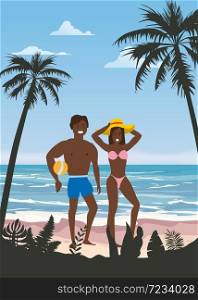Happy Couple on Summer Vacation Beach. Wife and Husband enjoying Beach Vacation. Happy Couple on Summer Vacation Beach. Wife and Husband with ball enjoying Beach Vacation walking on Sand Sea Palm and exotic tropical seashore floral. Vector Illustration poster baner isolated
