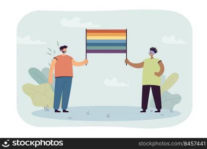 Happy couple or friends holding rainbow flag together. Cartoon characters supporting LGBT community flat vector illustration. LGBT, diversity, love concept for banner, website design or landing page
