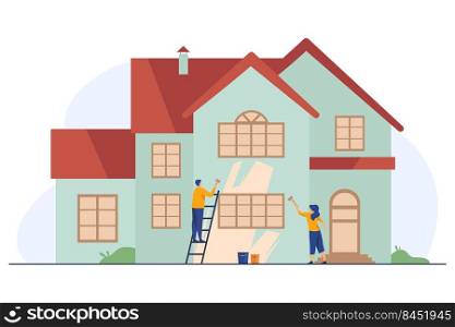 Happy couple painting house facade. Ladder, home, renewal flat vector illustration. Renovation or construction concept for banner, website design or landing web page