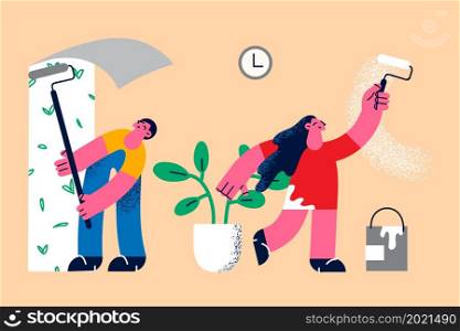 Happy couple repair home interior glue wallpapers paint walls. Smiling man and woman involved in new house decoration or renovation. Apartment design concept. Flat vector illustration. . Happy couple redecorate home interior together