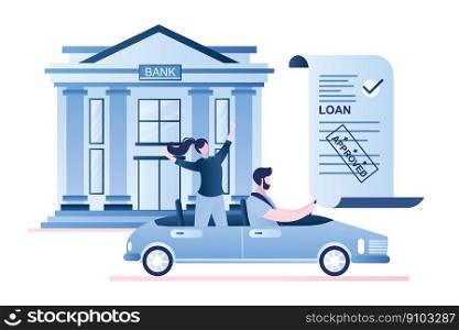 Happy couple riding a new car. Bank building and credit agreement with st&- approved. Male and female characters in trendy style. Vector illustration