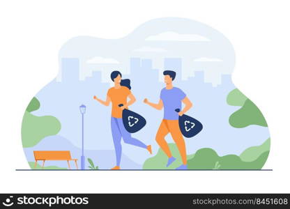 Happy couple running and carrying trash bags with recycling signs. Young people picking up litter while jogging. For plogging, eco friendly society, green sport activity concept