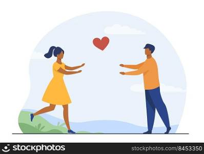 Happy couple running to each other. Love, girlfriend, heart flat vector illustration. Relationship and family concept for banner, website design or landing web page