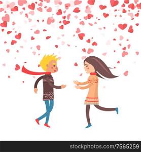Happy couple running to each other, vector hearts of paper isolated on greeting card. Engagement of lovers dating girlfriend and boyfriend, Valentines day. Happy Couple Holding Hands, Vector Hearts of Paper